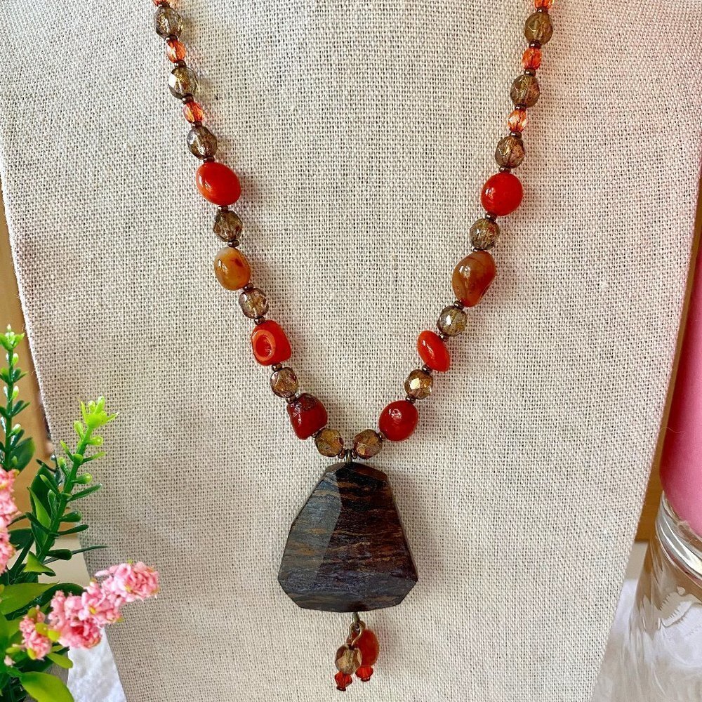 Faceted Petrified Wood Agate and Carnelian Nugget Necklace One of A kind